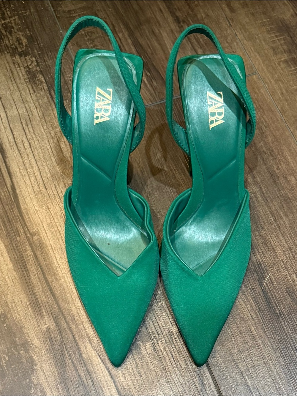Zara Emerald Green Satin Slingback Pointed Toe Heels Size 38 EU / US 7.5 - Picture 7 of 7